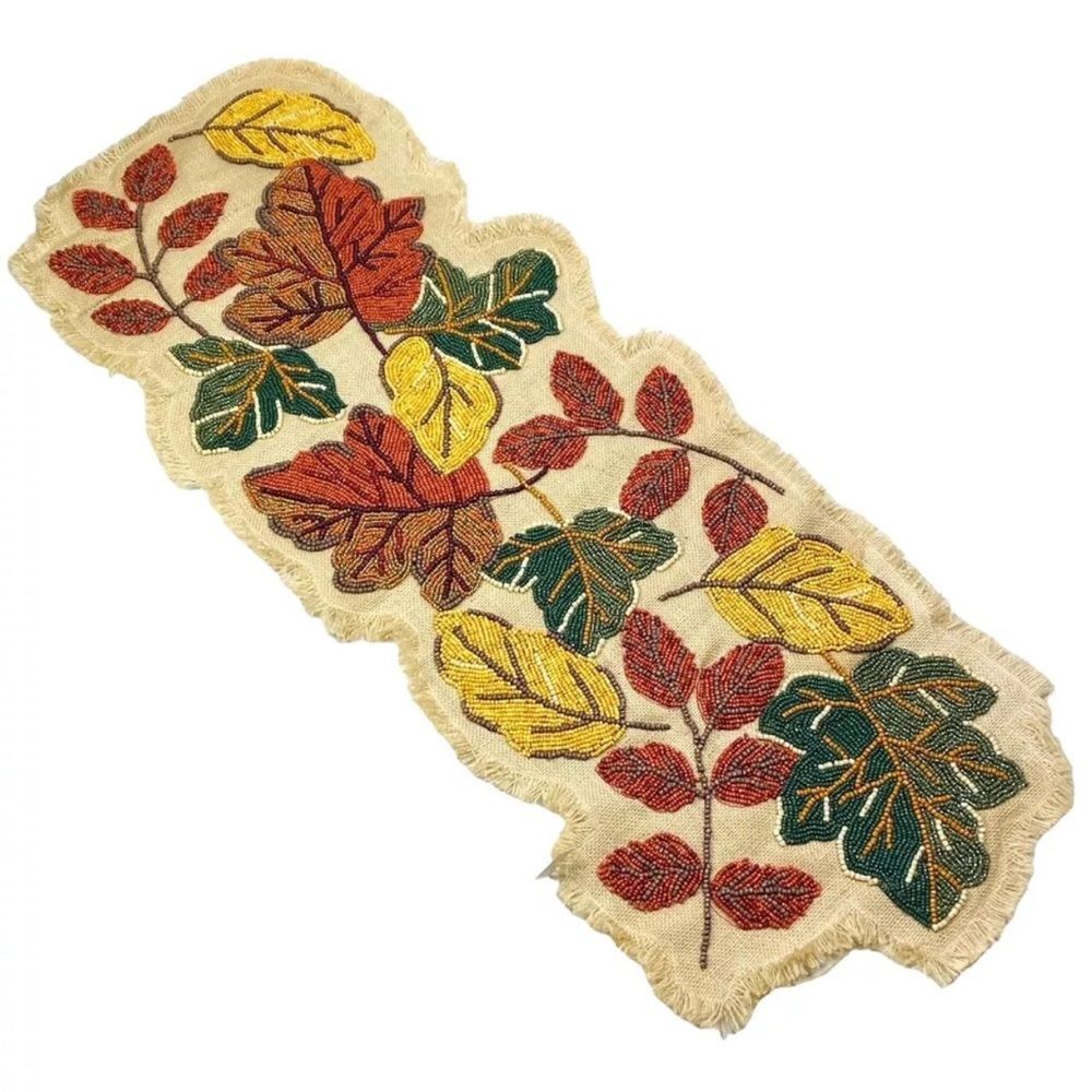 HTF New-World Market Pier Autumn Leaves Fall Beaded on Burlap Table Runner 36x14